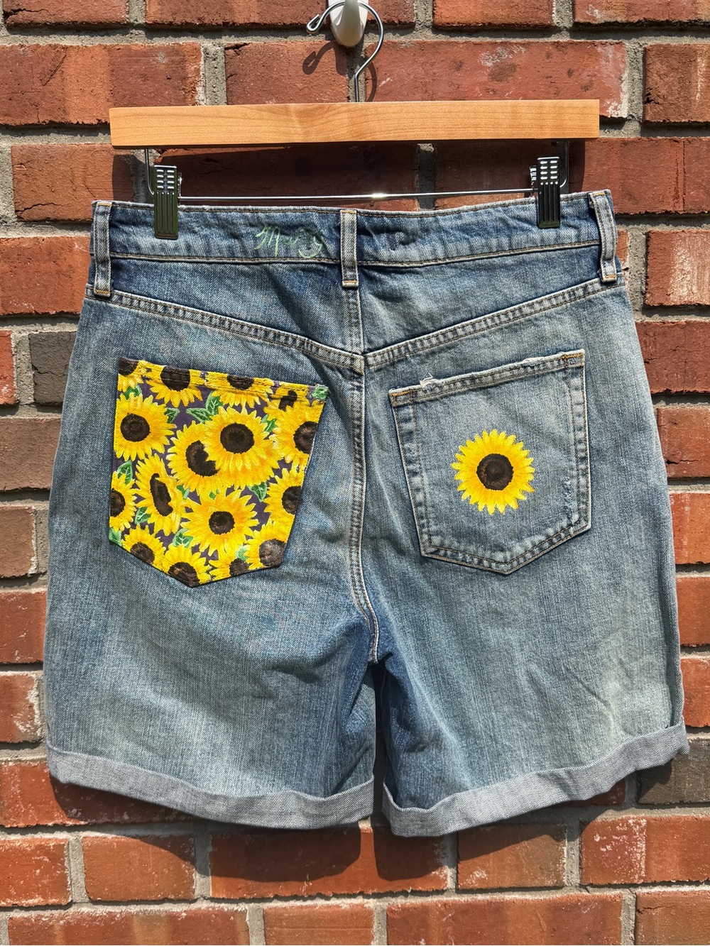 Free People Denim Shorts With Hand-Painted Sunflower Design Size 27
